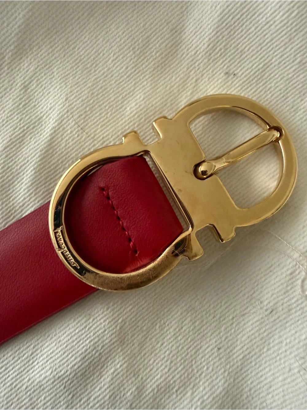 Salvatore Ferragamo Red Leather Belt with Gold Gancini Buckle
